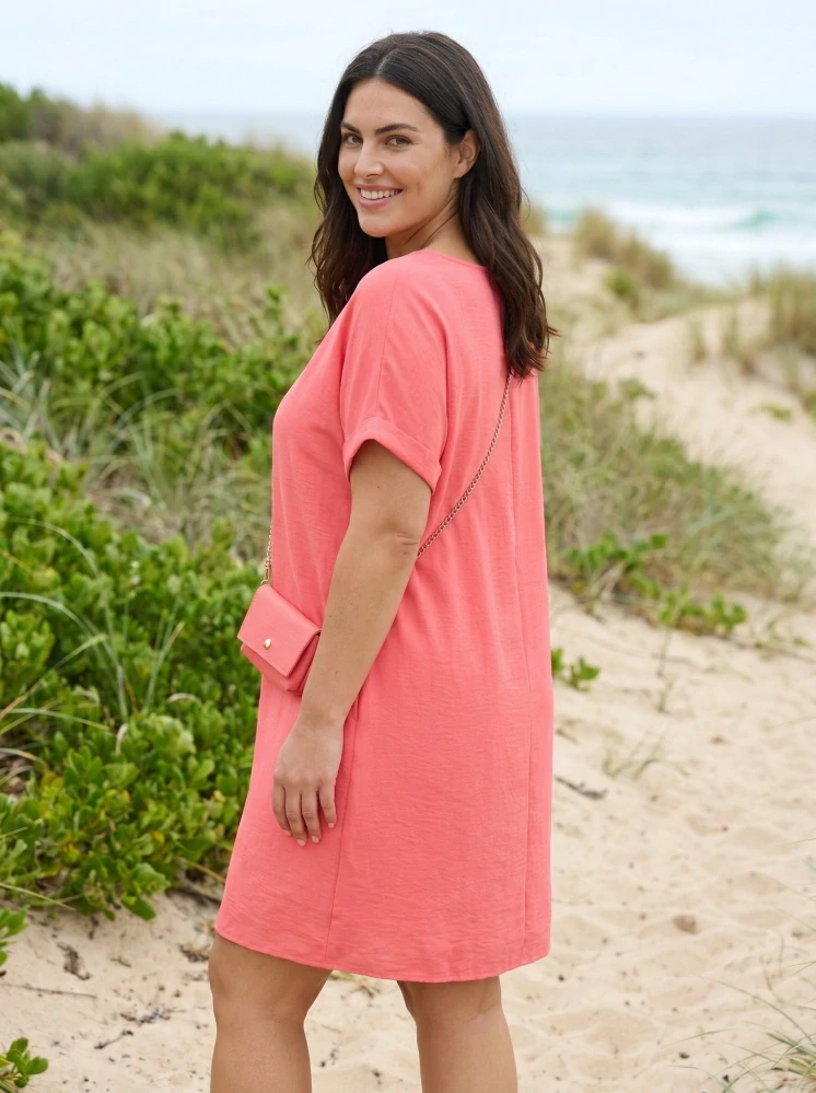 Lososové letní šaty s kabelkou L569