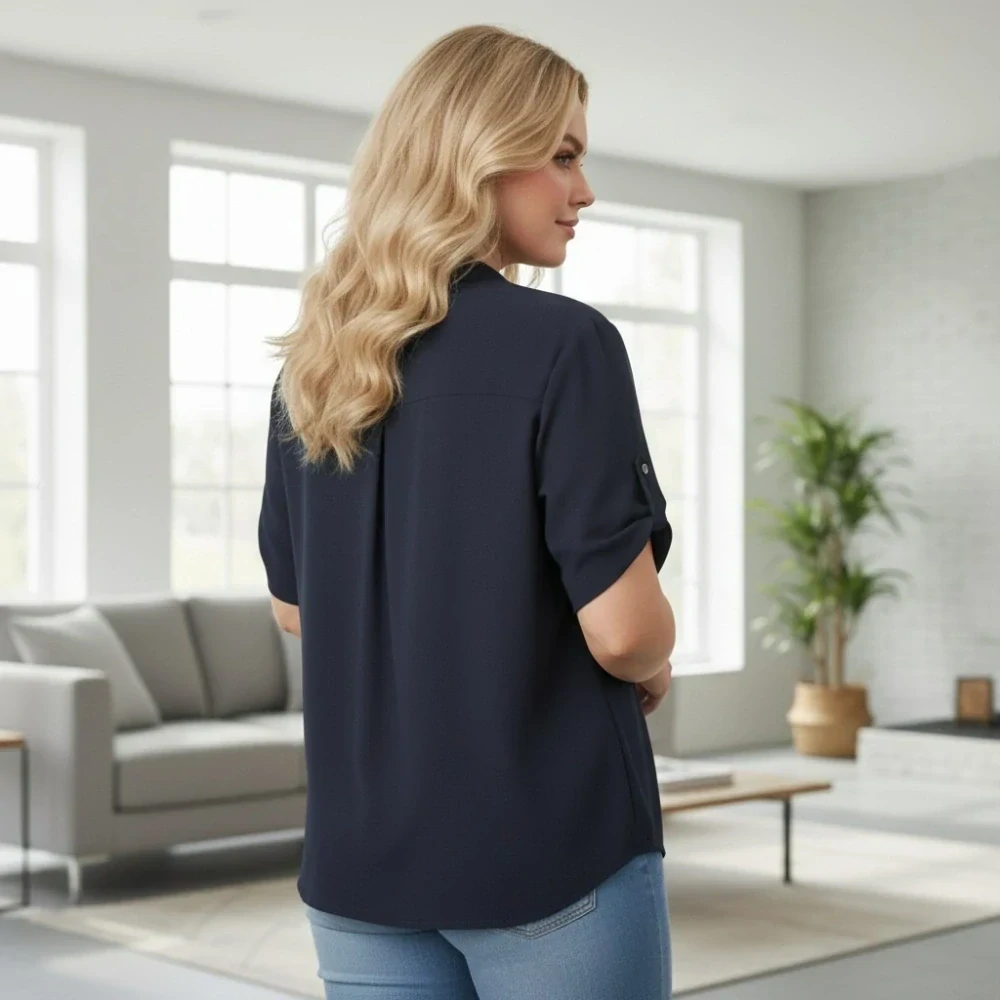 Dámská tmavě modrá košile styl Italská móda s krátkým rukávem uni velikost L - XXL O2997