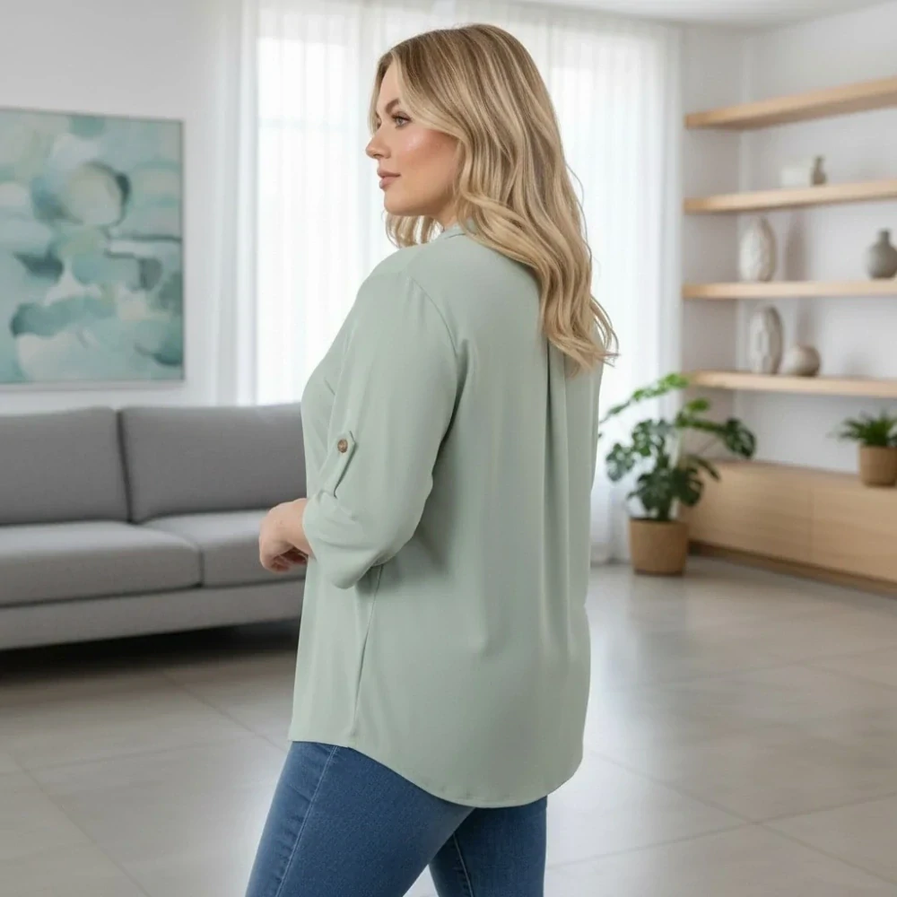 Dámská zelenkavá košile styl Italská móda s krátkým rukávem uni velikost L - XXL O2996