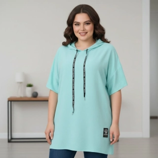 Italská móda - Dámská tyrkysová tunika s kapucí pro plnoštíhlé univerzální velikost XL - XXXL O1652