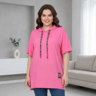 Italská móda - Dámská růžová tunika s kapucí pro plnoštíhlé univerzální velikost XL - XXXL O1653