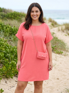 Lososové letní šaty s kabelkou L569