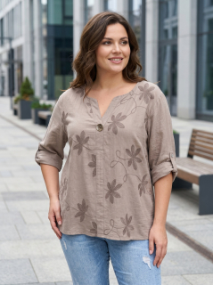 Dámská hnědá košile s výšivkou pohodlný volný střih XL–3XL M2980