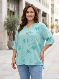 Dámská tyrkysová košile s výšivkou pohodlný volný střih XL–3XL M2977