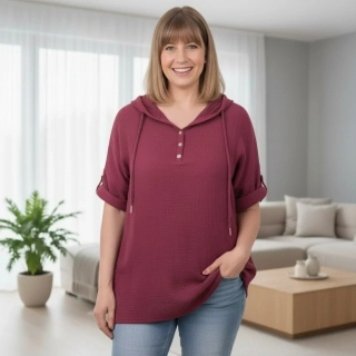 Dámská vínová dlouhá bavlněná mušelínová tunika s kapucí nadměrná velikost - italská móda M1749